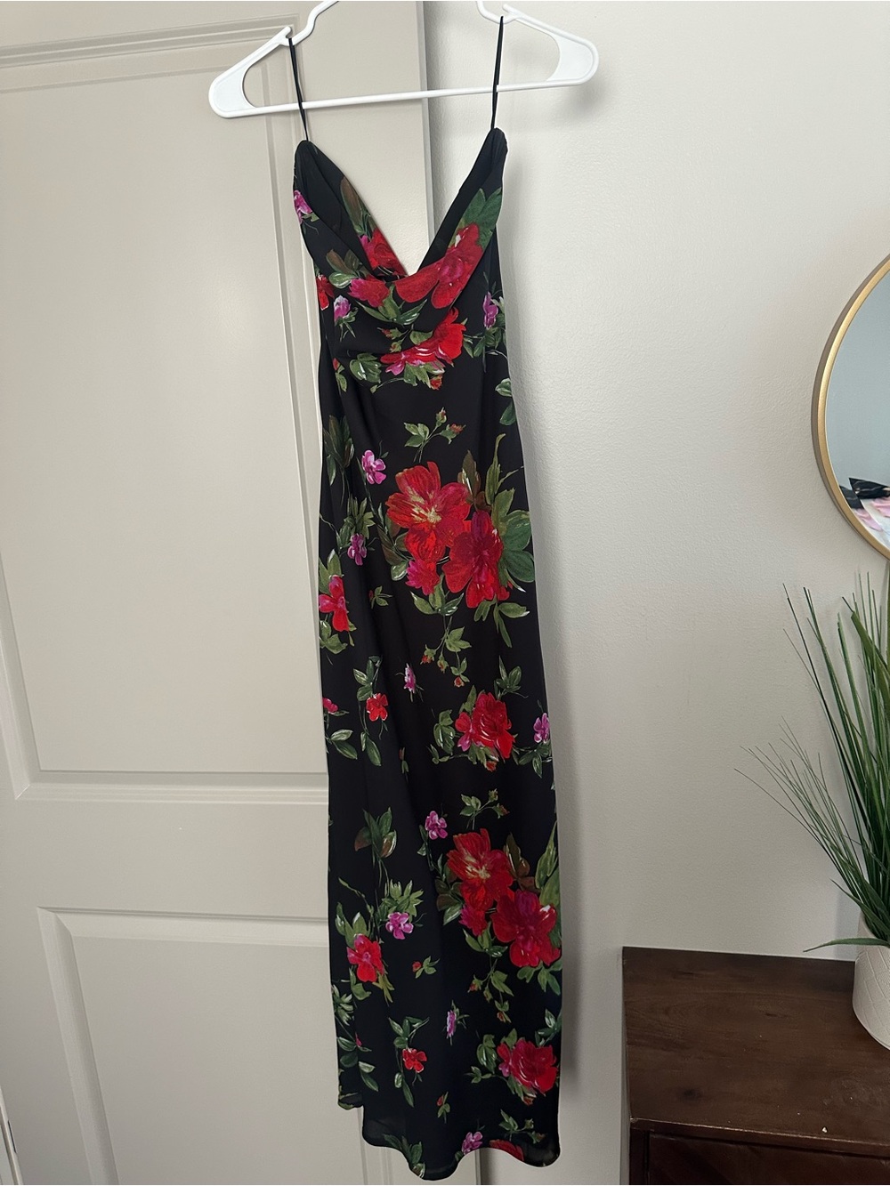 Black Floral Slip Dress with Red & Green Blooms